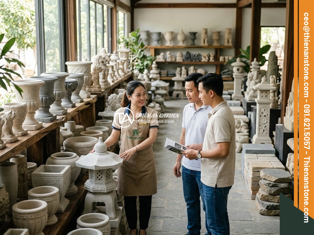 Lỗi phong thủy khi đặt chum đá sai vị trí và cách điều chỉnh kịp thời - The Thien An Stone showroom displaying a stunning collection of natural stone ur