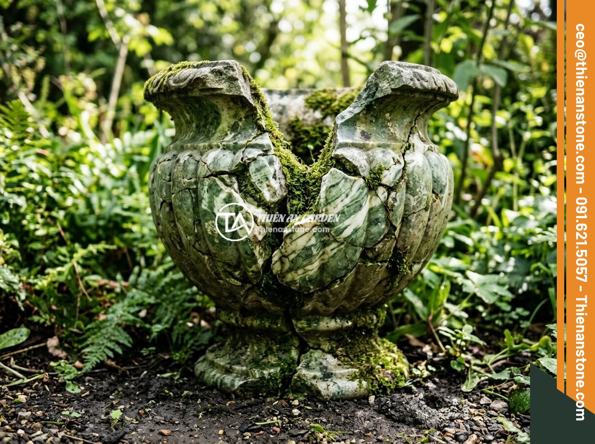 Lỗi phong thủy khi đặt chum đá sai vị trí và cách điều chỉnh kịp thời - Close-up of a cracked stone urn in a garden, showing visible damage on the surfa