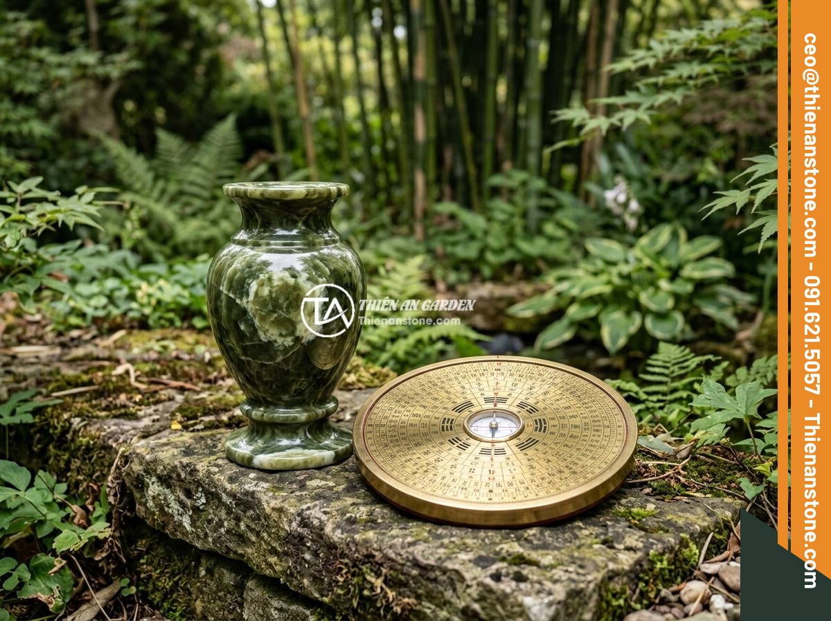 Lỗi phong thủy khi đặt chum đá sai vị trí và cách điều chỉnh kịp thời - A feng shui compass (Luo Pan) placed next to a stone urn in a garden setting, sh