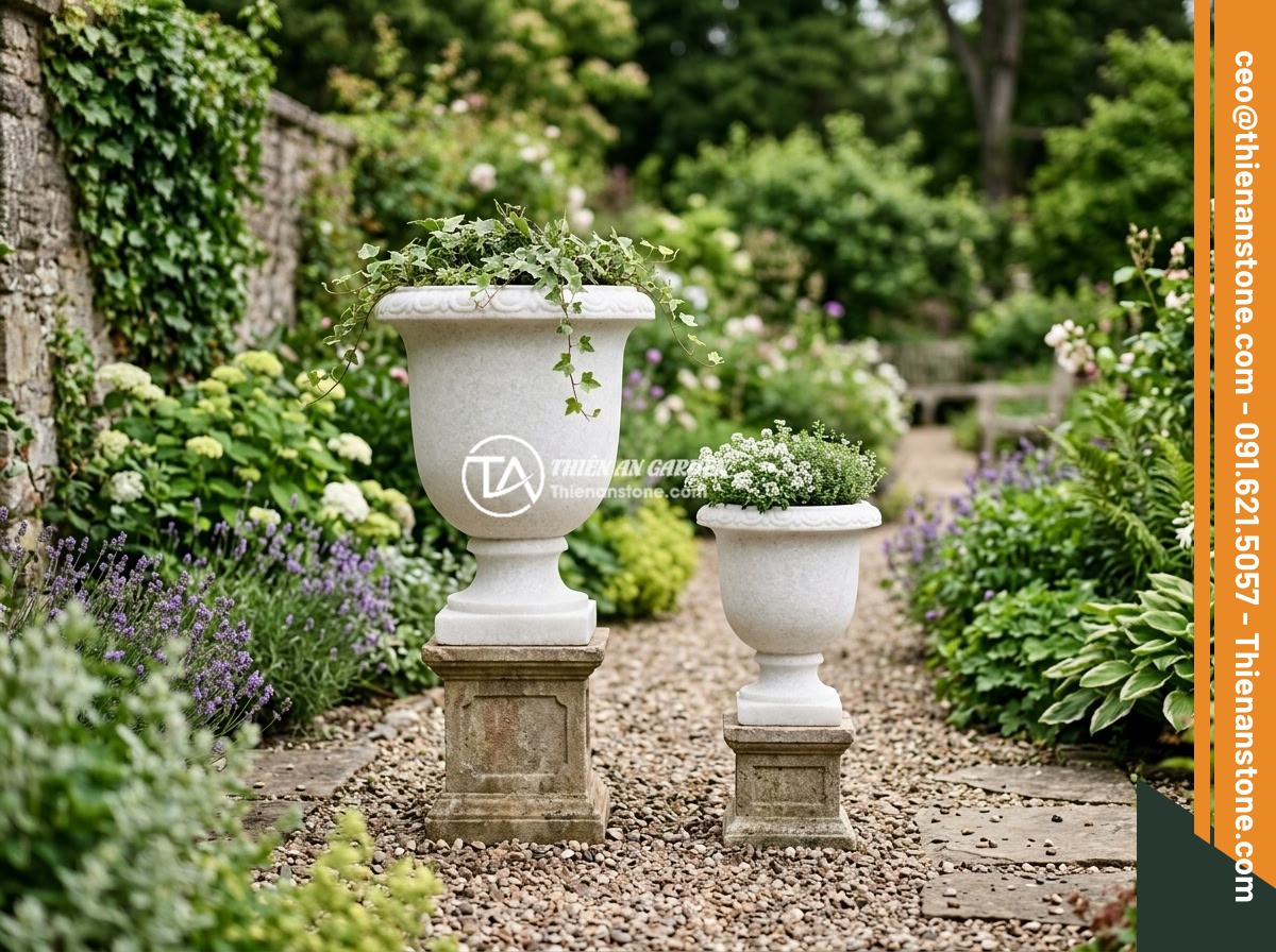 Lỗi phong thủy khi đặt chum đá sai vị trí và cách điều chỉnh kịp thời - Two stone urns of different sizes placed side by side in a landscaped garden, de
