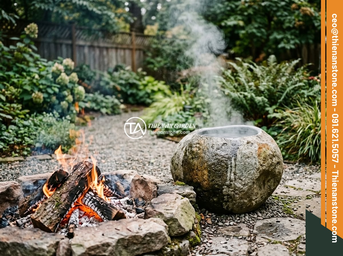 Lỗi phong thủy khi đặt chum đá sai vị trí và cách điều chỉnh kịp thời - A stone urn incorrectly placed near a fire pit in a garden setting, with visible