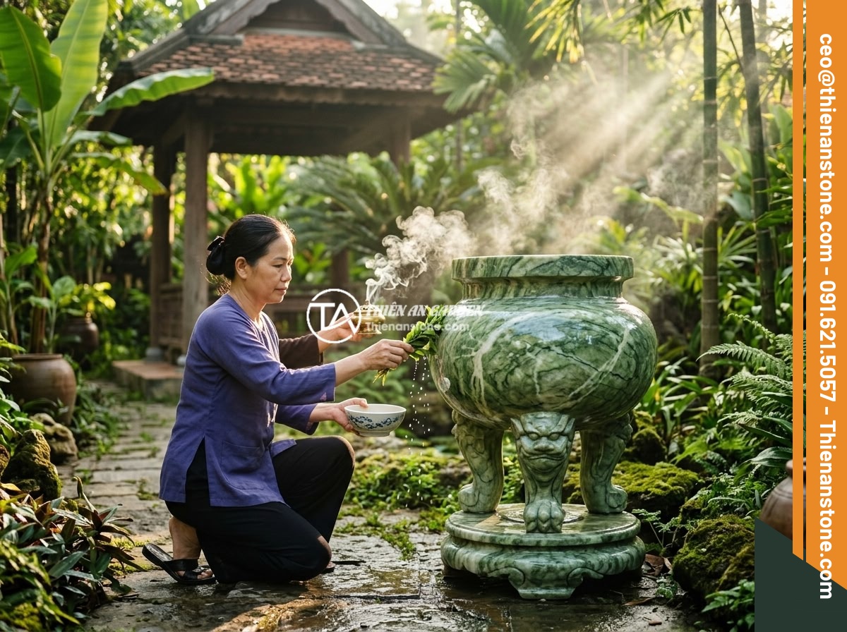 Lỗi phong thủy khi đặt chum đá sai vị trí và cách điều chỉnh kịp thời - A person performing a cleansing ritual on a large natural stone urn using salt w
