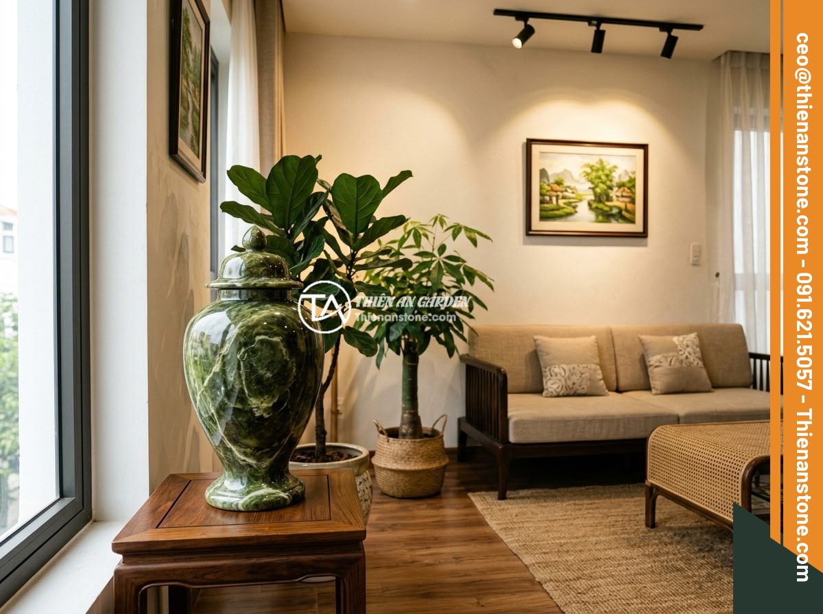 Lỗi phong thủy khi đặt chum đá sai vị trí và cách điều chỉnh kịp thời - An elegant living room interior with a medium-sized decorative stone urn placed 