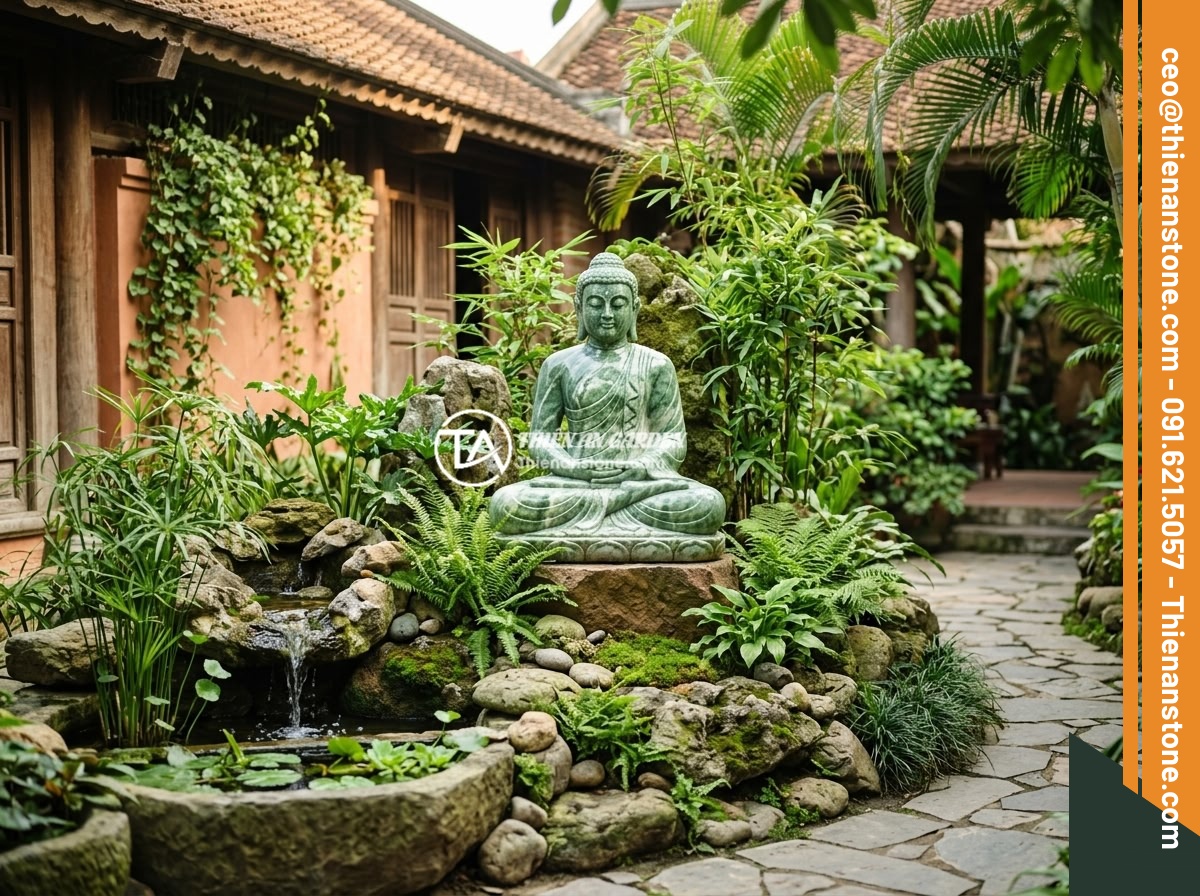 Lỗi Phong Thủy Khi Đặt Tiểu Cảnh Tượng Phật Và Cách Tránh Triệt Để - A serene Vietnamese garden featuring a stone Buddha statue surrounded by natural