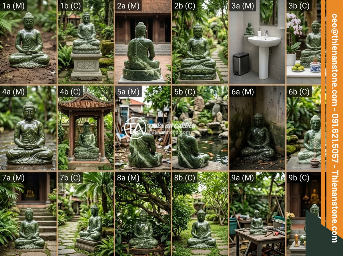 Lỗi Phong Thủy Khi Đặt Tiểu Cảnh Tượng Phật Và Cách Tránh Triệt Để - Hình 10 Lỗi Phong Thủy Khi Đặt Tiểu Cảnh Tượng Phật Và Cách Tránh Triệt Để - An infographic-style layout showing nine common feng shui mistakes when placing