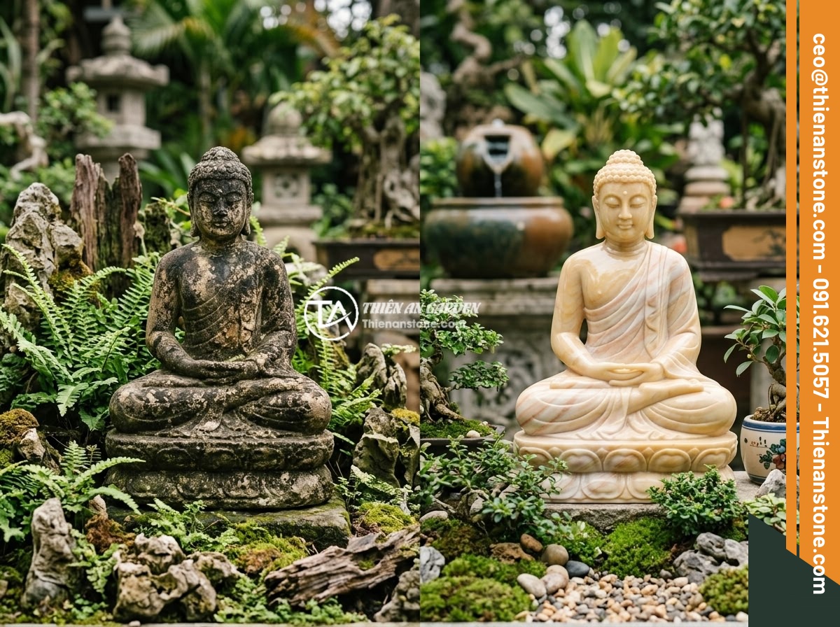 Lỗi Phong Thủy Khi Đặt Tiểu Cảnh Tượng Phật Và Cách Tránh Triệt Để - Hình 12 Lỗi Phong Thủy Khi Đặt Tiểu Cảnh Tượng Phật Và Cách Tránh Triệt Để - A comparison showing an old weathered Buddha statue next to a new pristine natur