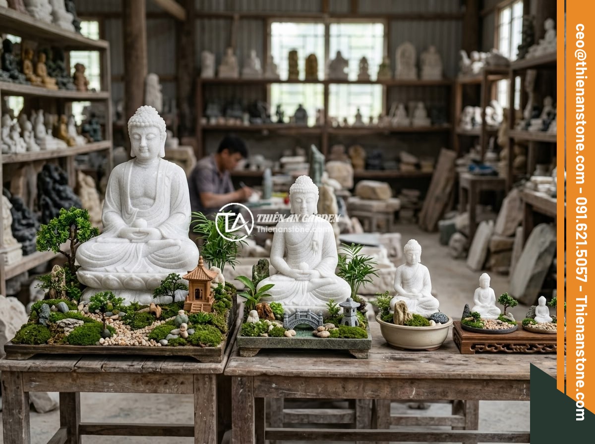 Lỗi Phong Thủy Khi Đặt Tiểu Cảnh Tượng Phật Và Cách Tránh Triệt Để - Hình 3 Lỗi Phong Thủy Khi Đặt Tiểu Cảnh Tượng Phật Và Cách Tránh Triệt Để - Various sizes of natural stone Buddha statues displayed in a Vietnamese stone cr