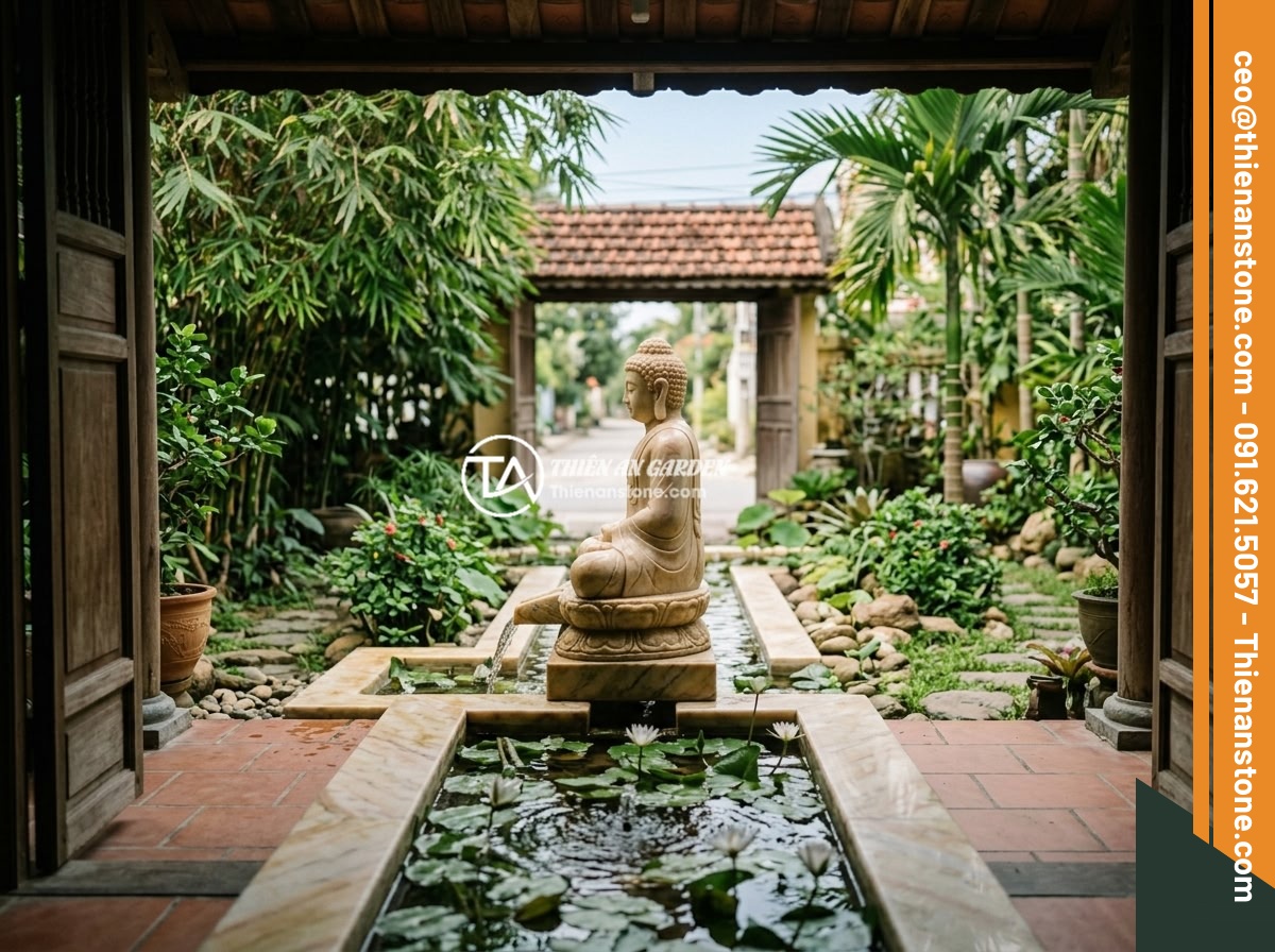 Lỗi Phong Thủy Khi Đặt Tiểu Cảnh Tượng Phật Và Cách Tránh Triệt Để - Hình 4 Lỗi Phong Thủy Khi Đặt Tiểu Cảnh Tượng Phật Và Cách Tránh Triệt Để - A beautifully designed Vietnamese garden water feature with a stone Buddha statu