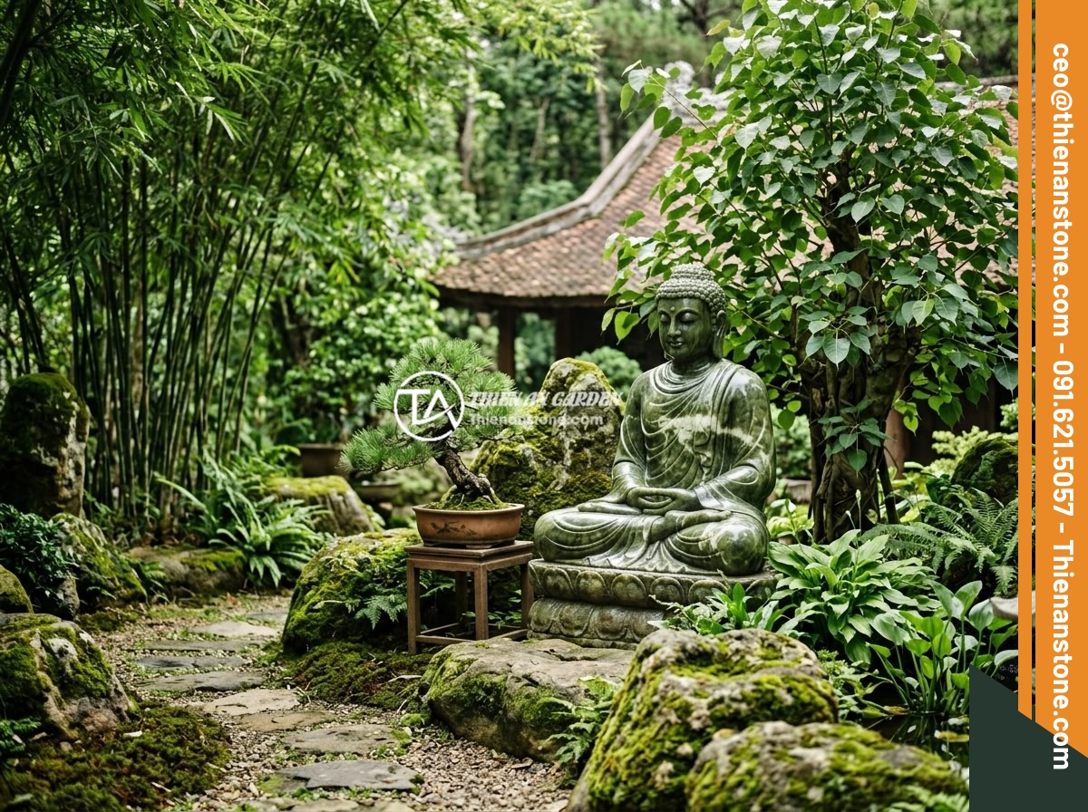 Lỗi Phong Thủy Khi Đặt Tiểu Cảnh Tượng Phật Và Cách Tránh Triệt Để - Hình 6 Lỗi Phong Thủy Khi Đặt Tiểu Cảnh Tượng Phật Và Cách Tránh Triệt Để - A lush Vietnamese zen garden with a stone Buddha statue surrounded by appropriat