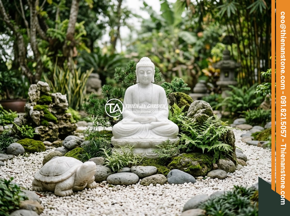 Lỗi Phong Thủy Khi Đặt Tiểu Cảnh Tượng Phật Và Cách Tránh Triệt Để - Hình 7 Lỗi Phong Thủy Khi Đặt Tiểu Cảnh Tượng Phật Và Cách Tránh Triệt Để - A well-organized Vietnamese stone garden showing a single Buddha statue as the f