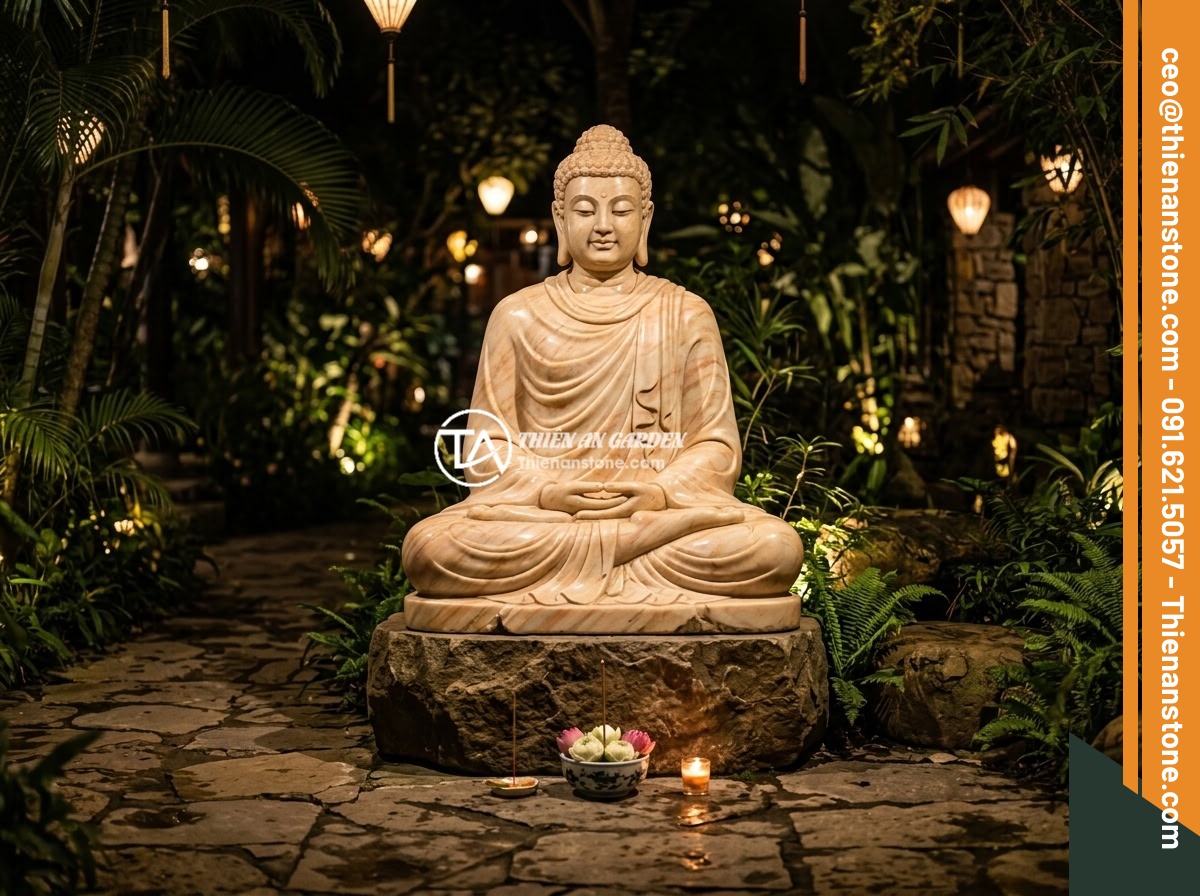 Lỗi Phong Thủy Khi Đặt Tiểu Cảnh Tượng Phật Và Cách Tránh Triệt Để - Hình 8 Lỗi Phong Thủy Khi Đặt Tiểu Cảnh Tượng Phật Và Cách Tránh Triệt Để - A nighttime scene of a Buddha statue illuminated by warm ambient lighting in a V