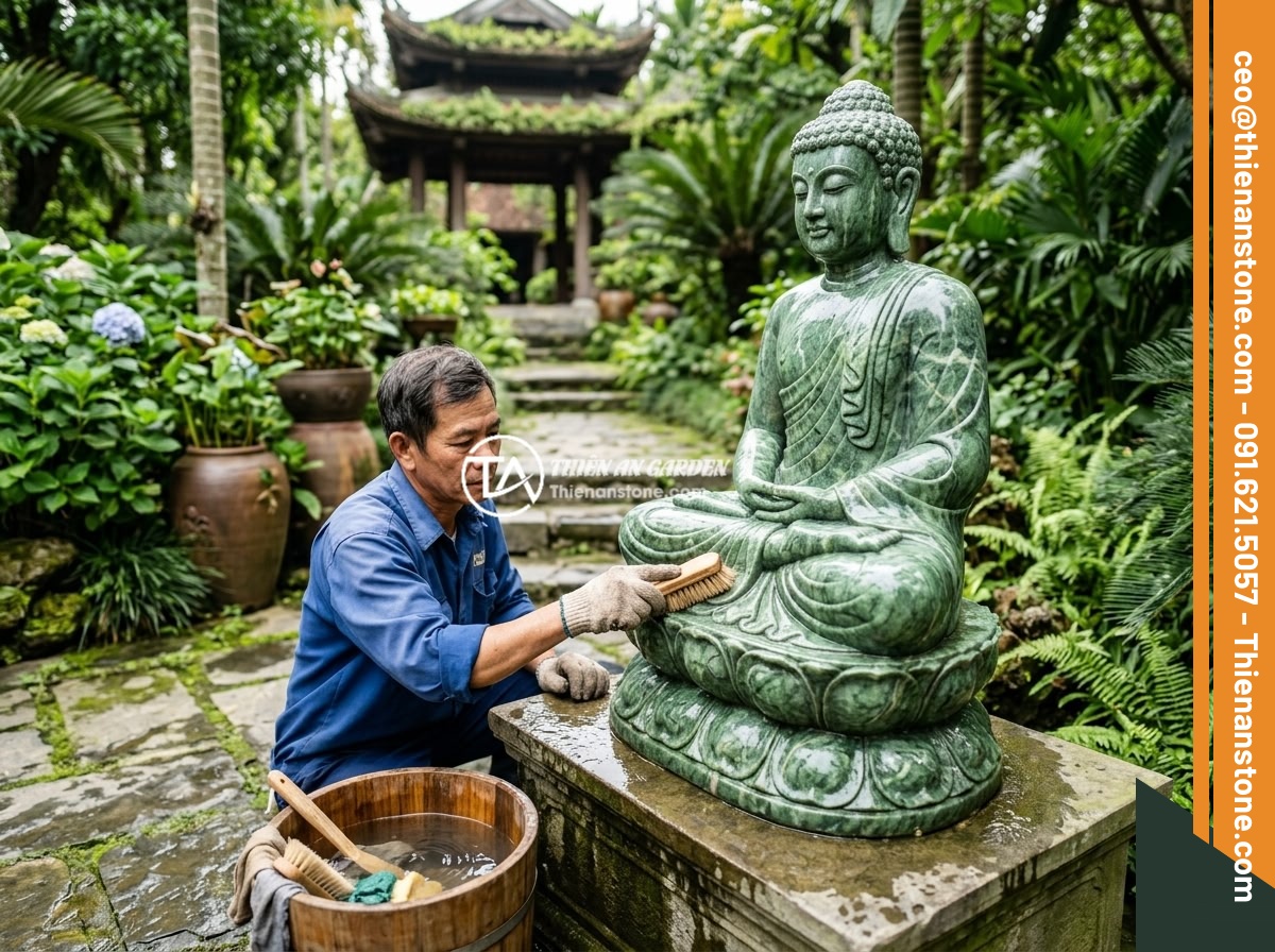 Lỗi Phong Thủy Khi Đặt Tiểu Cảnh Tượng Phật Và Cách Tránh Triệt Để - Hình 9 Lỗi Phong Thủy Khi Đặt Tiểu Cảnh Tượng Phật Và Cách Tránh Triệt Để - A maintenance scene showing the cleaning process of a natural stone Buddha statu