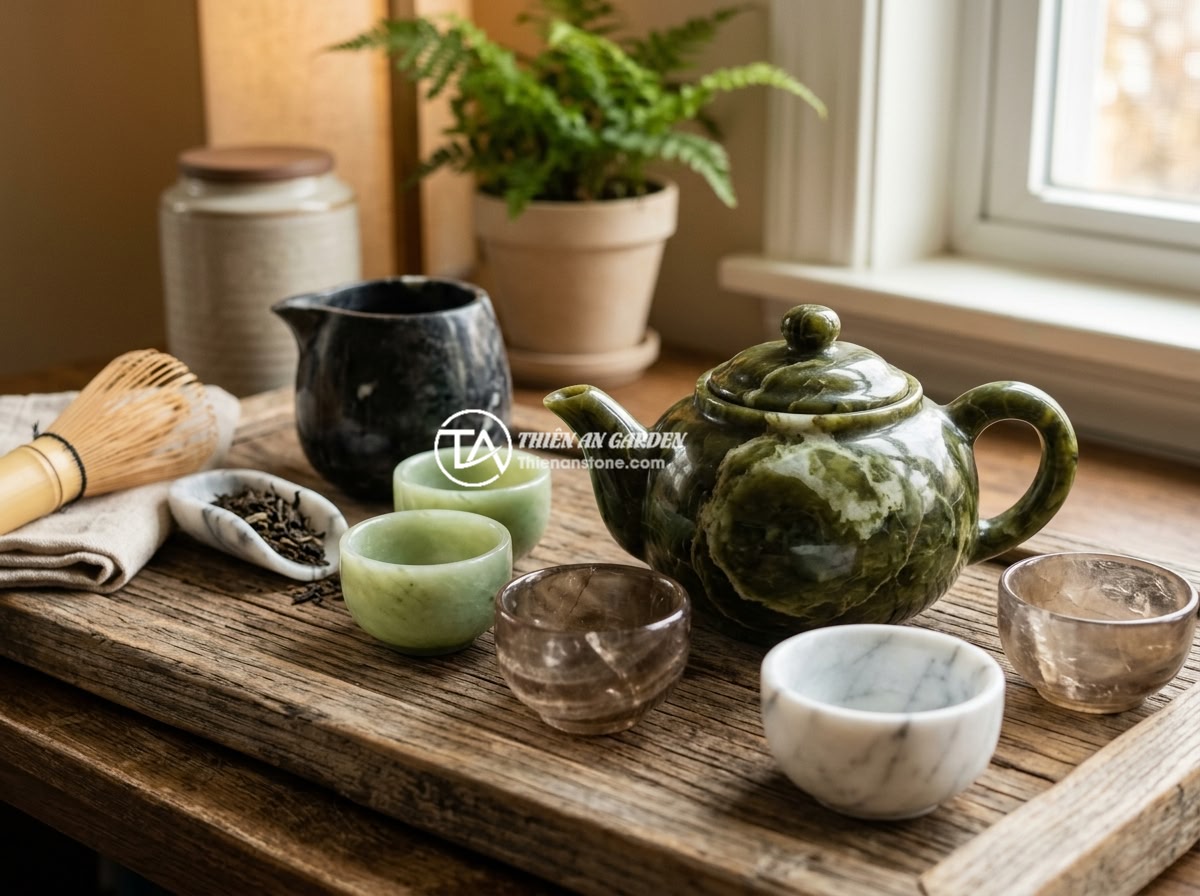Lỗi thường gặp khi dùng bộ ấm chén đá và cách khắc phục triệt để - A natural stone tea set placed on a wooden tea tray, showing various types of st
