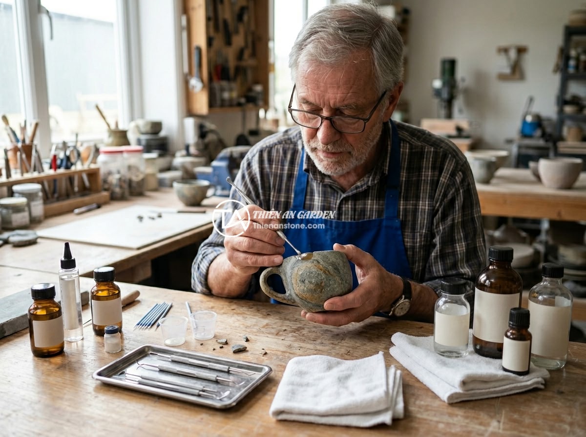 Lỗi thường gặp khi dùng bộ ấm chén đá và cách khắc phục triệt để - A craftsman carefully repairing a chipped edge on a natural jade stone teacup us