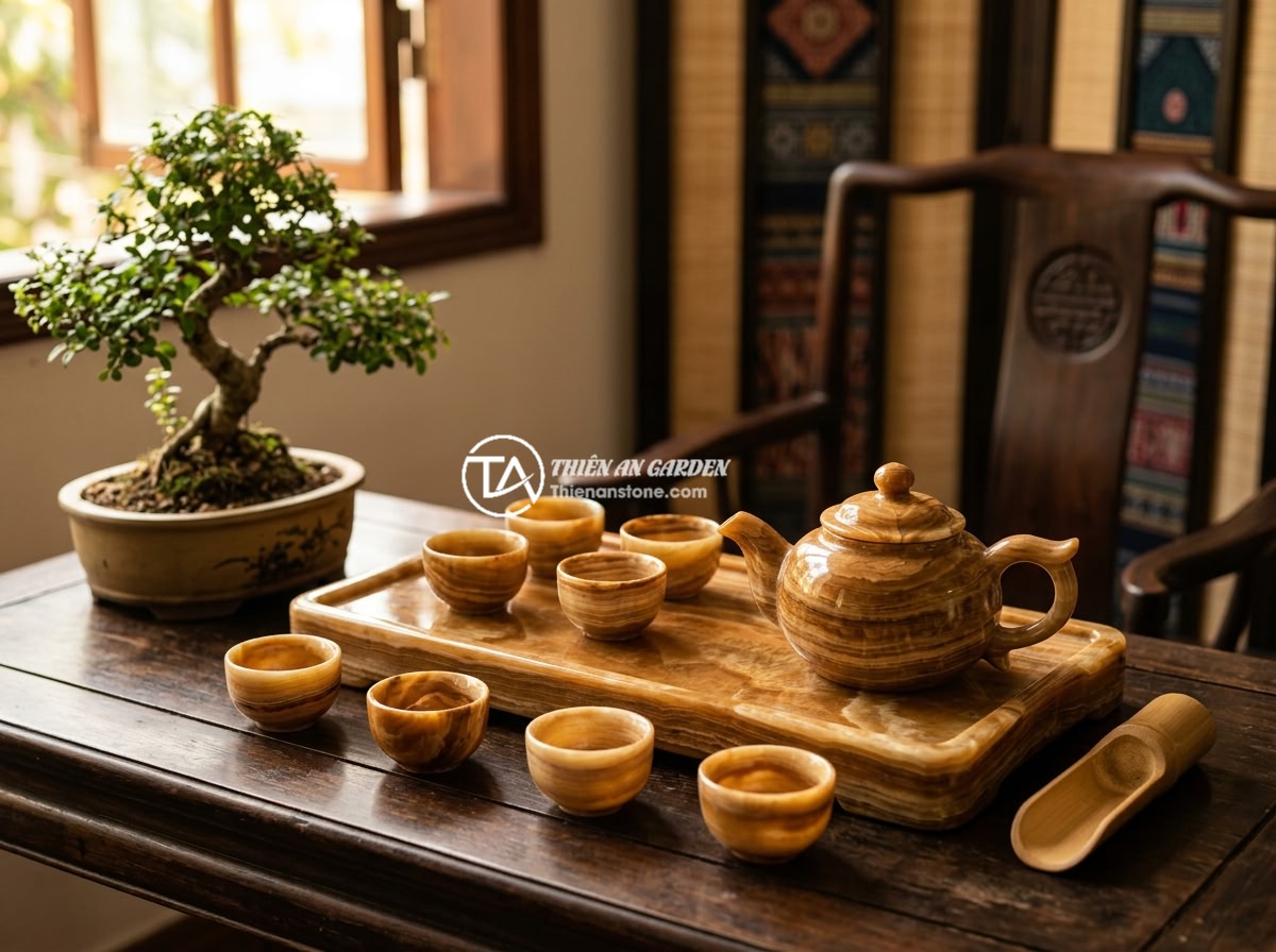 Lỗi thường gặp khi dùng bộ ấm chén đá và cách khắc phục triệt để - A complete premium natural stone tea set elegantly displayed in a traditional Vi