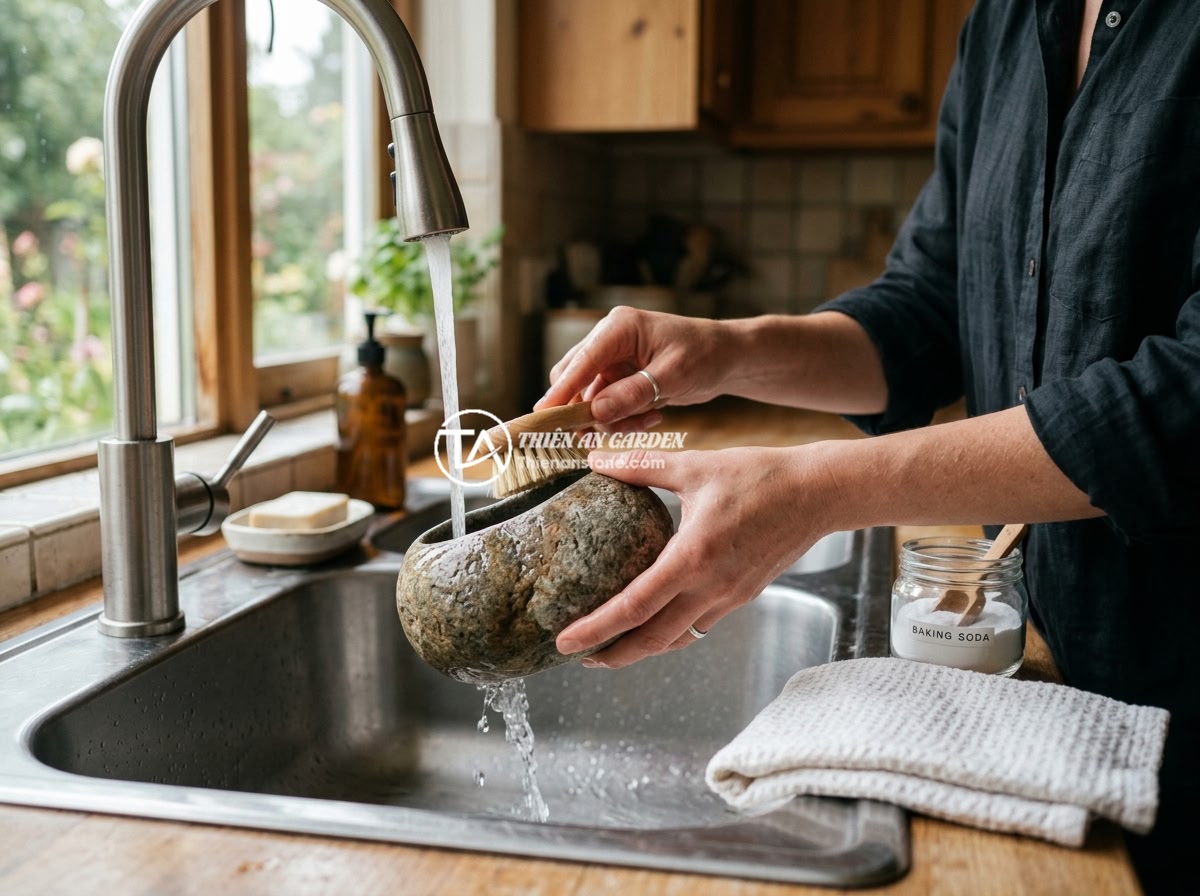 Lỗi thường gặp khi dùng bộ ấm chén đá và cách khắc phục triệt để - A person gently cleaning a natural stone teacup with a soft bristle brush under 