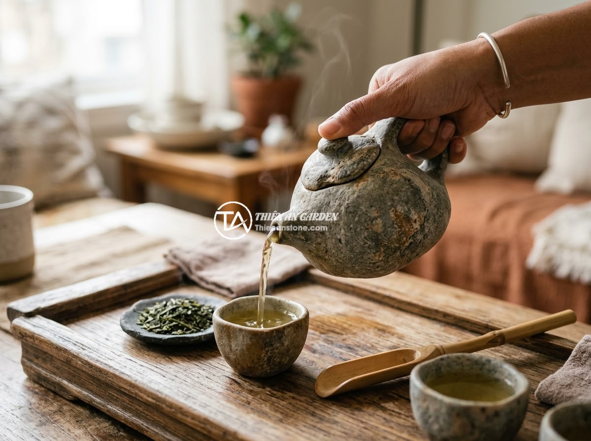 Lỗi thường gặp khi dùng bộ ấm chén đá và cách khắc phục triệt để - A natural stone teapot being used to pour light green tea into matching stone cu