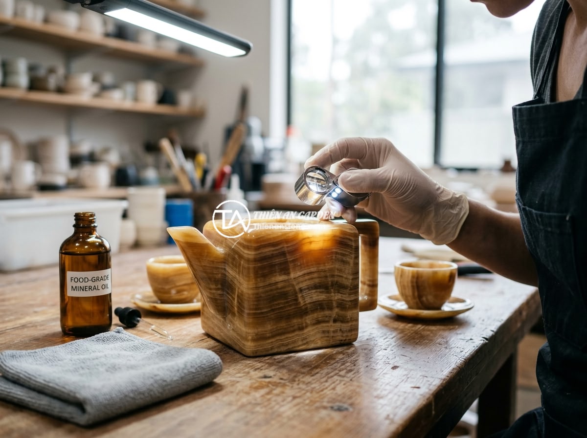 Lỗi thường gặp khi dùng bộ ấm chén đá và cách khắc phục triệt để - A detailed inspection of a natural stone tea set under bright LED lamp light, wi