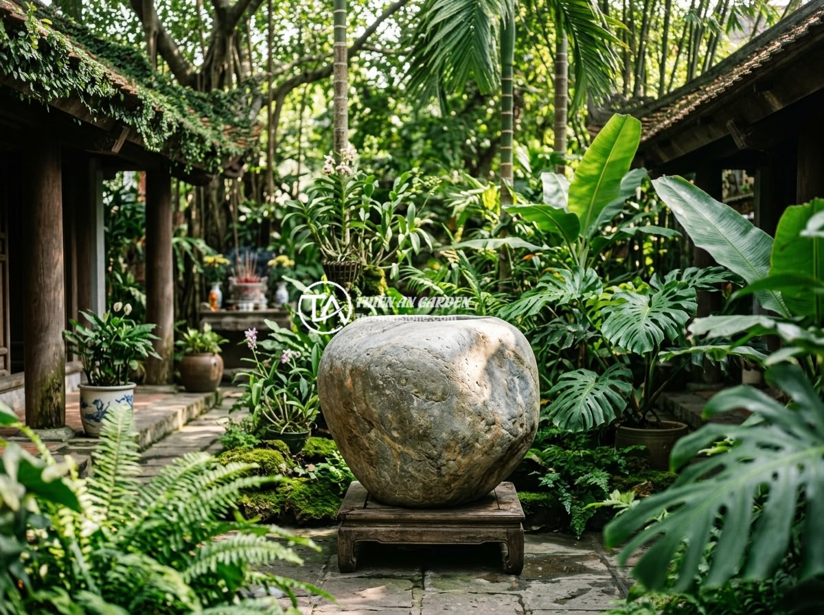 Lỗi thường gặp khi sử dụng chum đá phong thủy và cách khắc phục nhanh chóng - Hình 1 Lỗi thường gặp khi sử dụng chum đá phong thủy và cách khắc phục nhanh chóng - A large natural stone feng shui jar placed in a traditional Vietnamese garden co