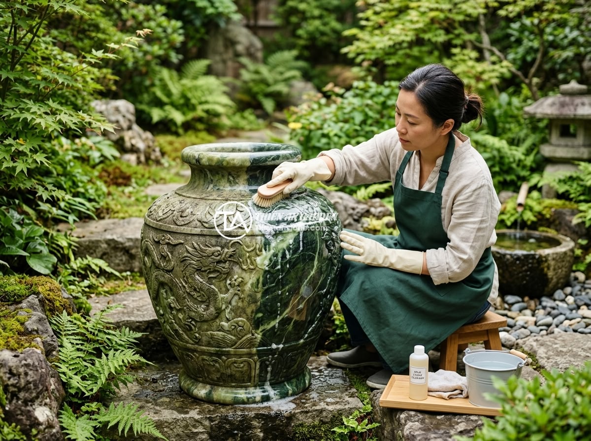 Lỗi thường gặp khi sử dụng chum đá phong thủy và cách khắc phục nhanh chóng - Hình 5 Lỗi thường gặp khi sử dụng chum đá phong thủy và cách khắc phục nhanh chóng - A person carefully cleaning a large stone feng shui jar in a garden using soft b