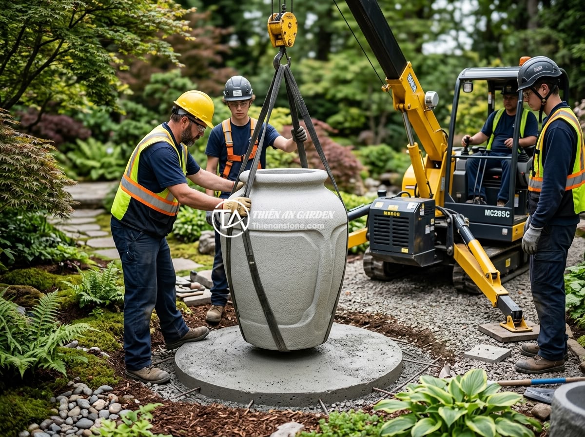 Lỗi thường gặp khi sử dụng chum đá phong thủy và cách khắc phục nhanh chóng - Hình 8 Lỗi thường gặp khi sử dụng chum đá phong thủy và cách khắc phục nhanh chóng - Professional workers using a small crane to carefully lift and position a heavy