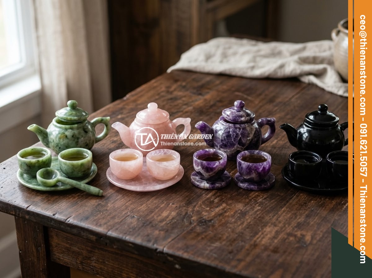 Mua bộ ấm chén bằng đá ở đâu uy tín và chất lượng cao nhất hiện nay - A collection of different natural stone tea sets made from jade, rose quartz, am