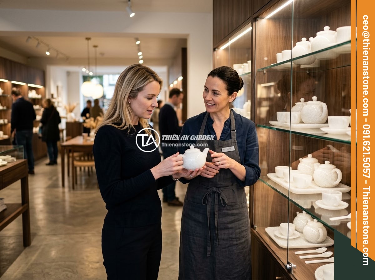 Mua bộ ấm chén bằng đá ở đâu uy tín và chất lượng cao nhất hiện nay - An elegant showroom displaying various natural stone tea sets on illuminated gla