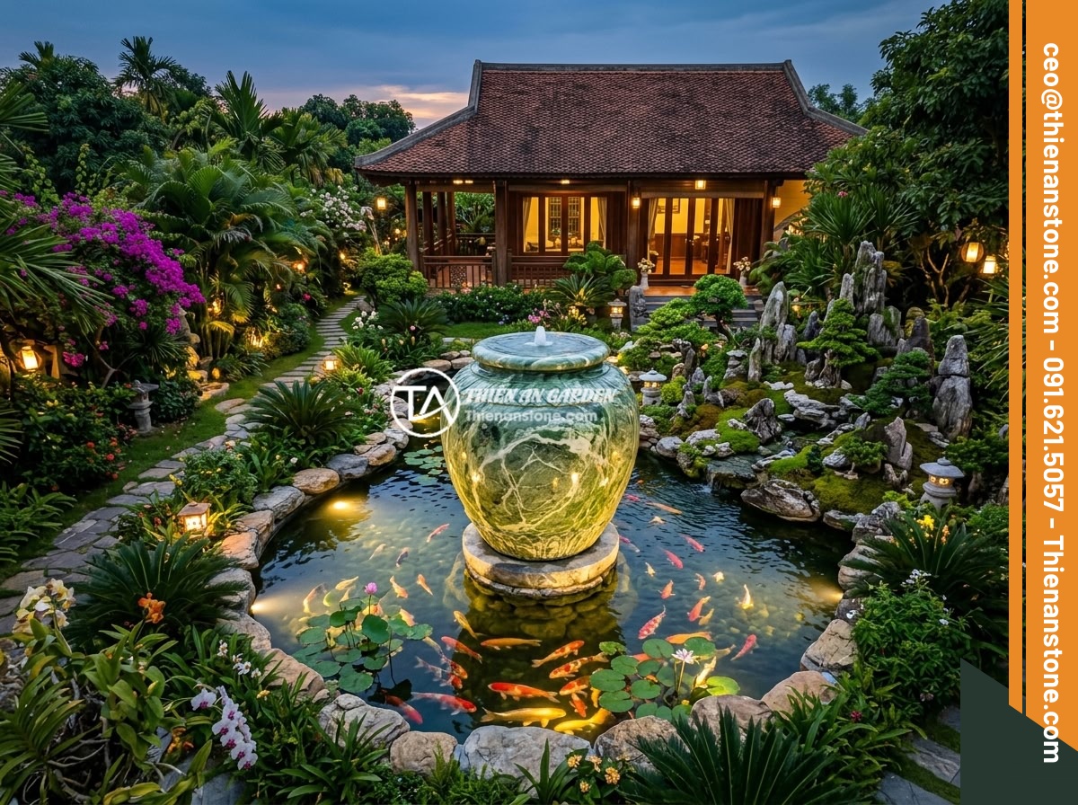 Mua chum đá phong thủy ở đâu uy tín và chất lượng cao tại Việt Nam - An aerial view of a luxury Vietnamese villa garden featuring a large feng shui s