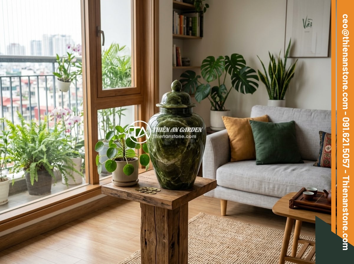 Mua chum đá phong thủy ở đâu uy tín và chất lượng cao tại Việt Nam - A modern Vietnamese apartment living room featuring a medium-sized serpentine st