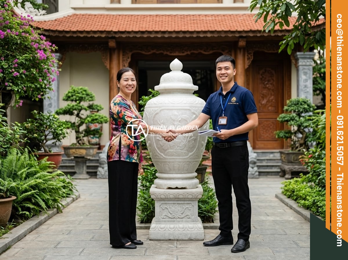 Mua chum đá phong thủy ở đâu uy tín và chất lượng cao tại Việt Nam - A satisfied customer shaking hands with Đá Cảnh Thiên An staff member in front o