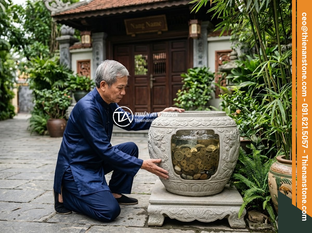 Mua chum đá phong thủy ở đâu uy tín và chất lượng cao tại Việt Nam - A feng shui master placing a large carved stone jar at the wealth corner of a lu