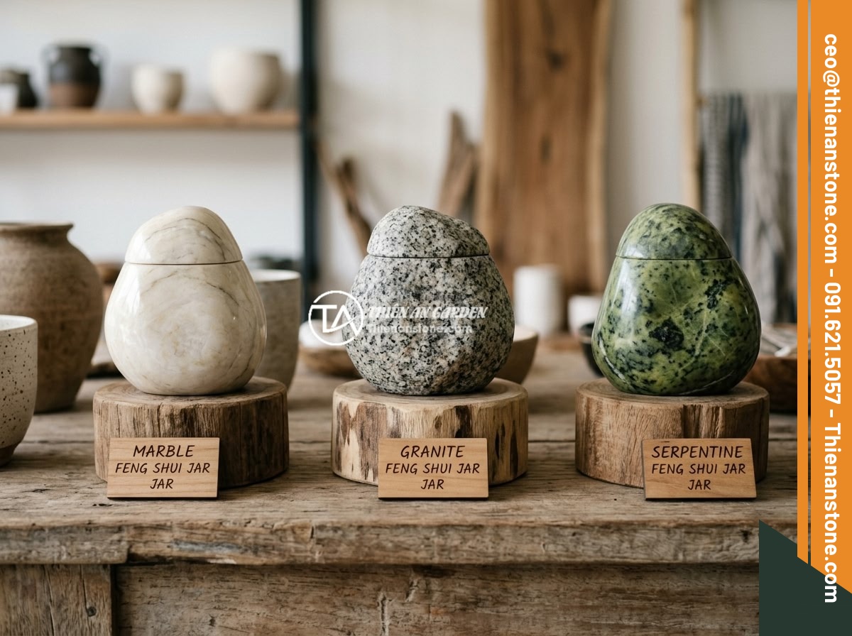 Mua chum đá phong thủy ở đâu uy tín và chất lượng cao tại Việt Nam - Three different types of feng shui stone jars made from marble, granite and serp