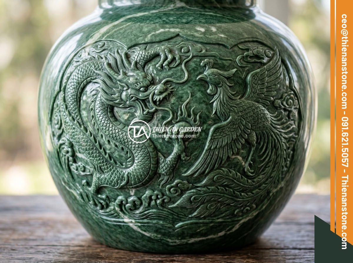 Mua chum đá phong thủy ở đâu uy tín và chất lượng cao tại Việt Nam - Close-up detail of intricate dragon and phoenix carvings on a large natural ston