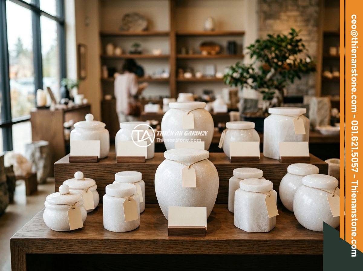 Mua chum đá phong thủy ở đâu uy tín và chất lượng cao tại Việt Nam - An organized showroom displaying various feng shui stone jars of different sizes