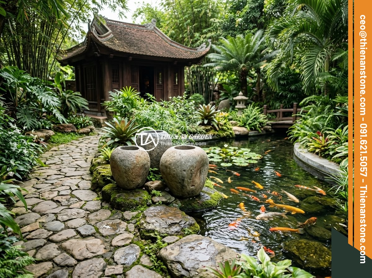 Mua chum đá phong thủy ở đâu uy tín và chất lượng cao tại Việt Nam - A beautifully landscaped Vietnamese garden showing optimal feng shui placement o