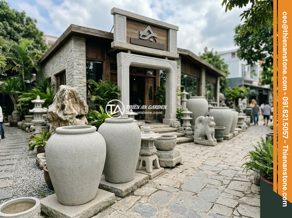 Mua chum đá phong thủy ở đâu uy tín và chất lượng cao tại Việt Nam - The exterior of Đá Cảnh Thiên An showroom displaying large feng shui stone jars 