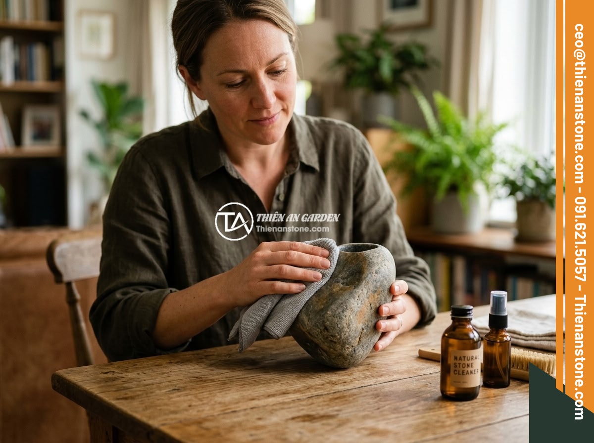 Mua chum đá phong thủy ở đâu uy tín và chất lượng cao tại Việt Nam - A person gently cleaning a polished marble feng shui jar with a soft cloth, demo