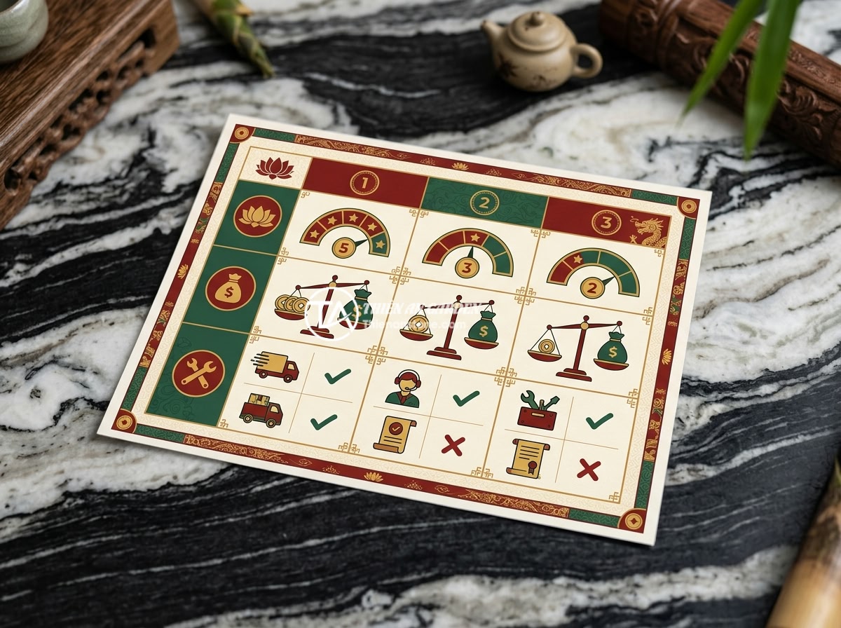 Mua đá tuyết sơn ở đâu uy tín? Top 5 địa chỉ bán đá chất lượng nhất - An infographic comparing different stone suppliers showing quality ratings, pric