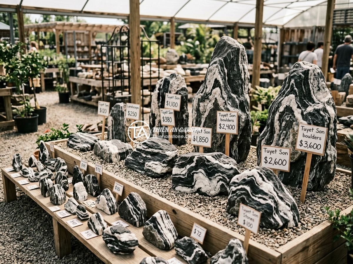 Mua đá tuyết sơn ở đâu uy tín? Top 5 địa chỉ bán đá chất lượng nhất - Various sizes of Tuyet Son stones displayed with price tags in a stone garden sh