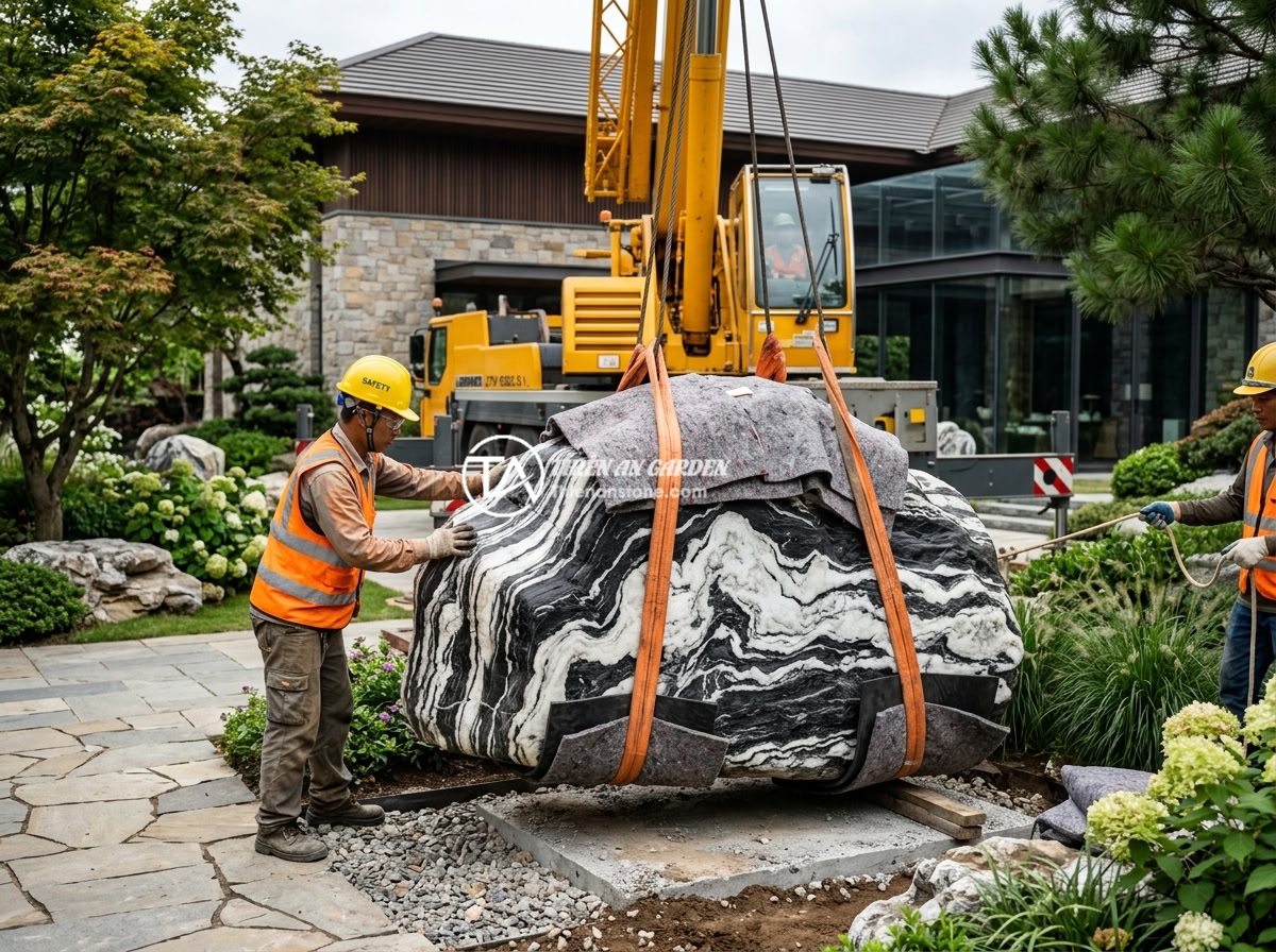Mua đá tuyết sơn ở đâu uy tín? Top 5 địa chỉ bán đá chất lượng nhất - Professional workers using a crane to carefully transport and install large Tuye