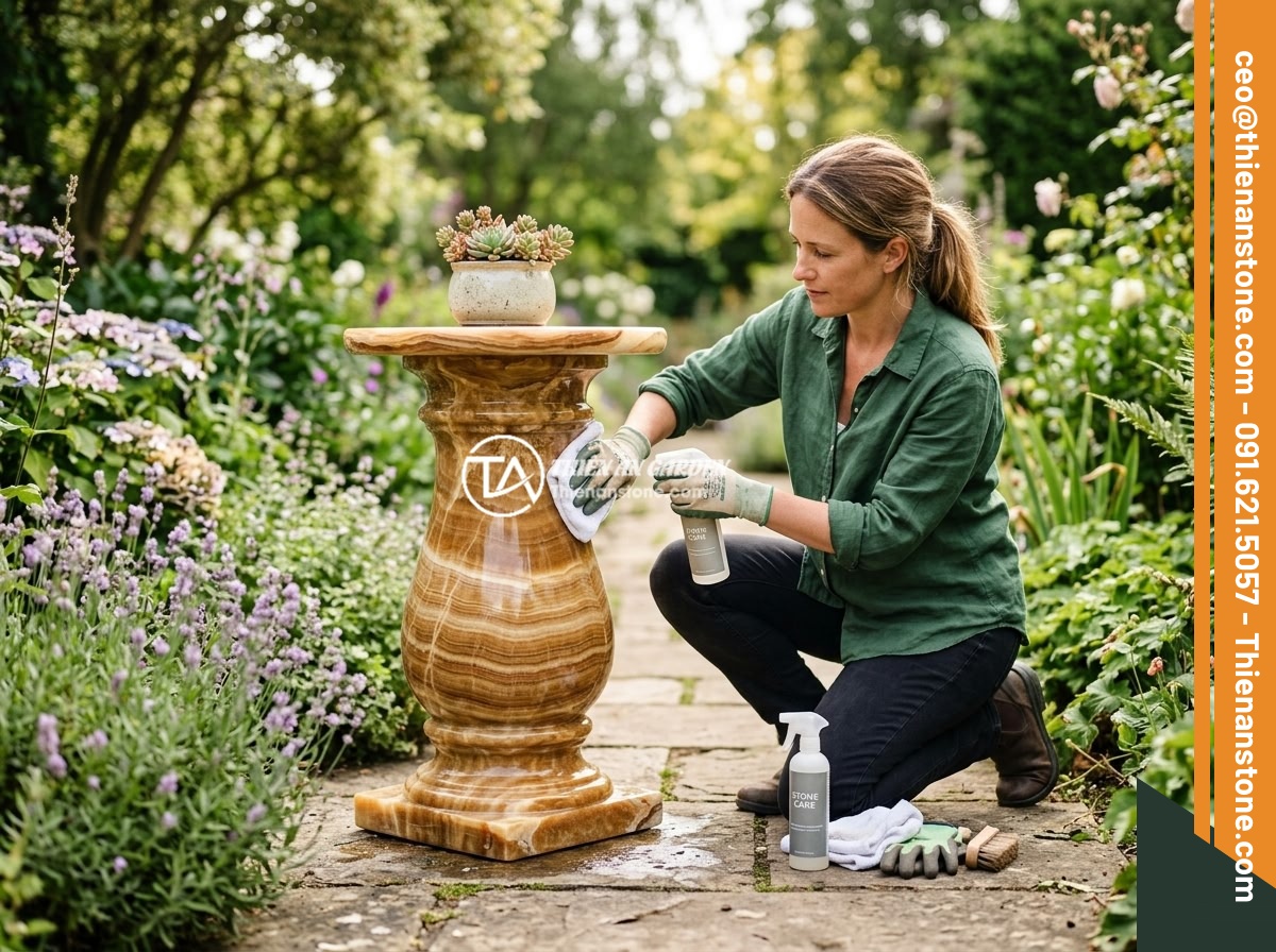 Mua đôn đá tự nhiên ở đâu uy tín tại miền Bắc? Gợi ý địa chỉ chất lượng cao - A person carefully cleaning and maintaining a polished natural stone pedestal in