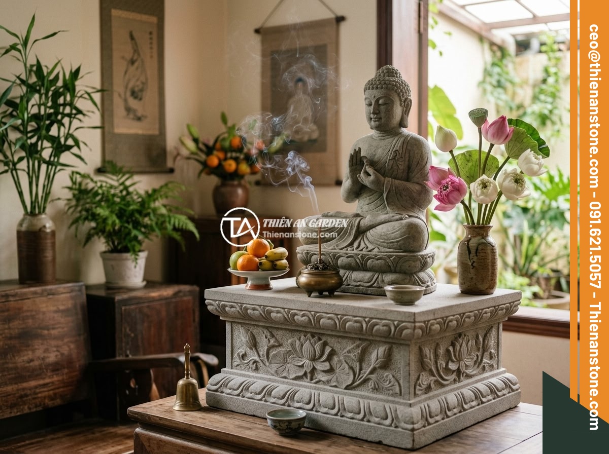 Mua đôn đá tự nhiên ở đâu uy tín tại miền Bắc? Gợi ý địa chỉ chất lượng cao - A serene Buddhist altar setup with a beautifully carved natural stone pedestal s