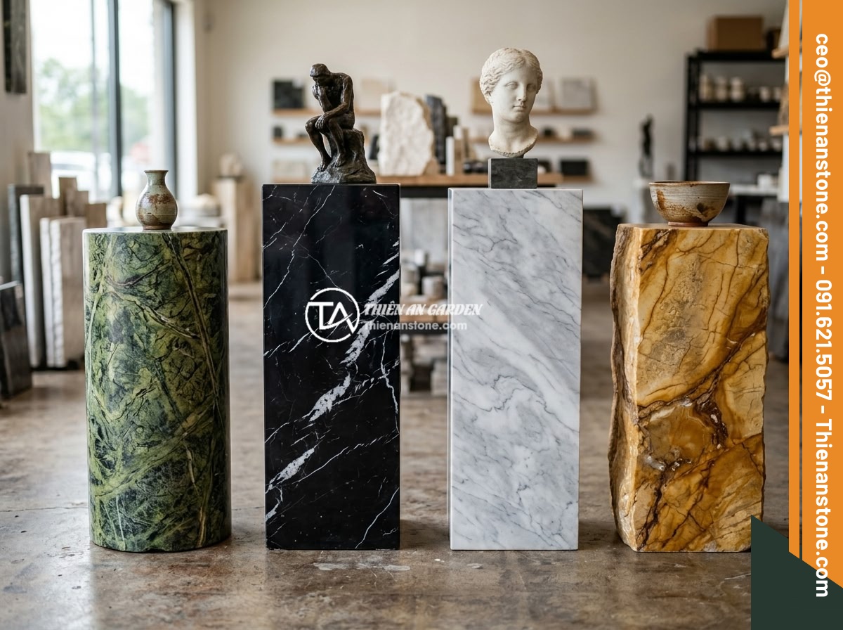 Mua đôn đá tự nhiên ở đâu uy tín tại miền Bắc? Gợi ý địa chỉ chất lượng cao - Different types of natural stone pedestals displayed together including green st