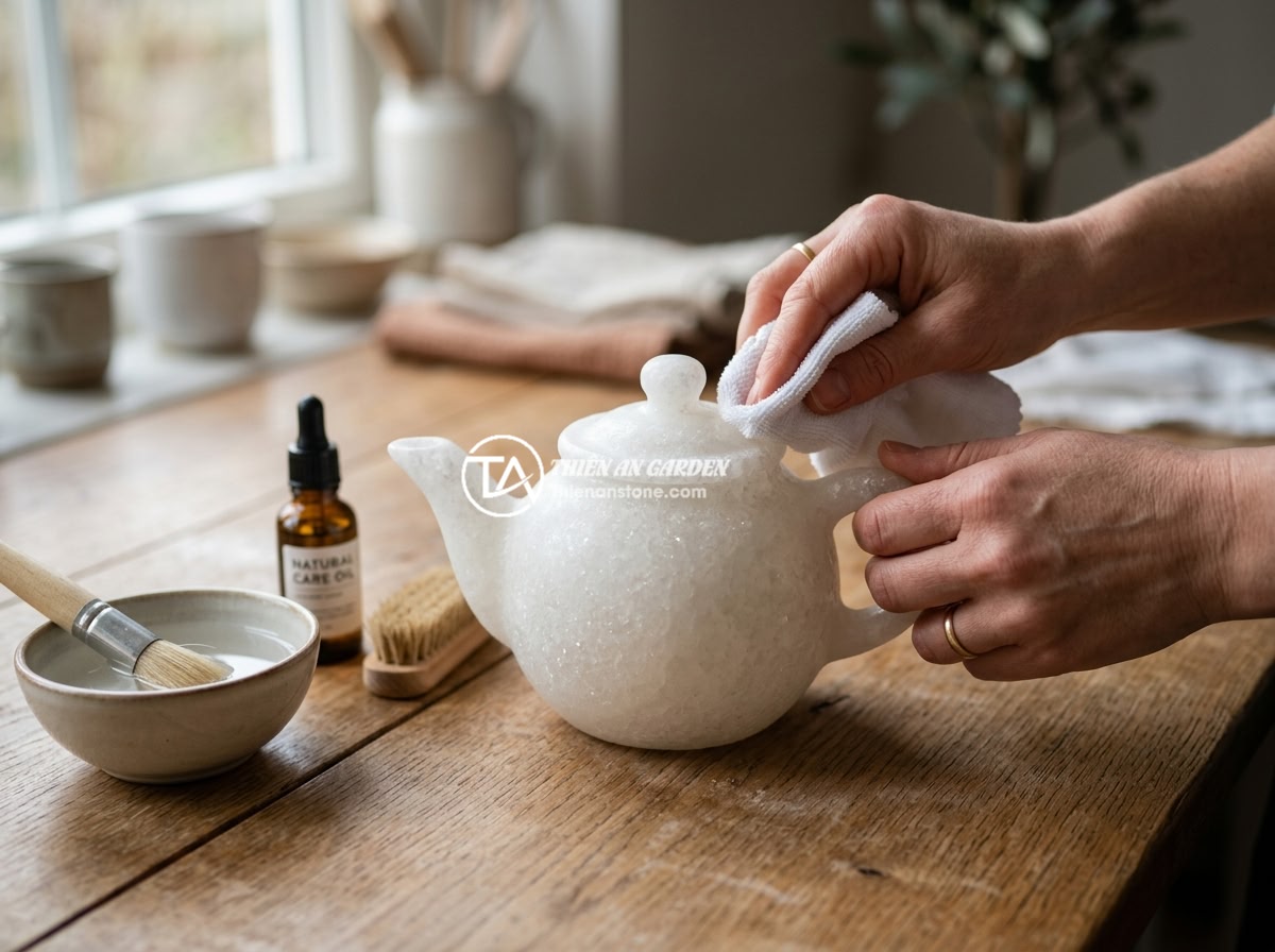 Nên chọn ấm chén đá hay ấm chén sứ cho gia đình? Phân tích ưu nhược điểm - Hình 10 Nên chọn ấm chén đá hay ấm chén sứ cho gia đình? Phân tích ưu nhược điểm - A step-by-step care guide showing hands gently cleaning a natural stone teapot w