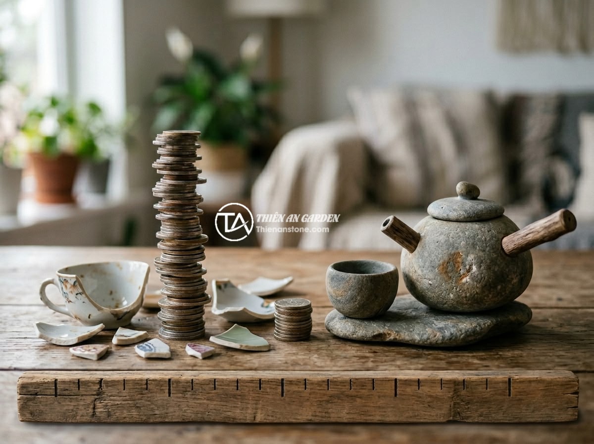 Nên chọn ấm chén đá hay ấm chén sứ cho gia đình? Phân tích ưu nhược điểm - Hình 11 Nên chọn ấm chén đá hay ấm chén sứ cho gia đình? Phân tích ưu nhược điểm - A visual cost comparison over 20 years showing stacked coins representing the to