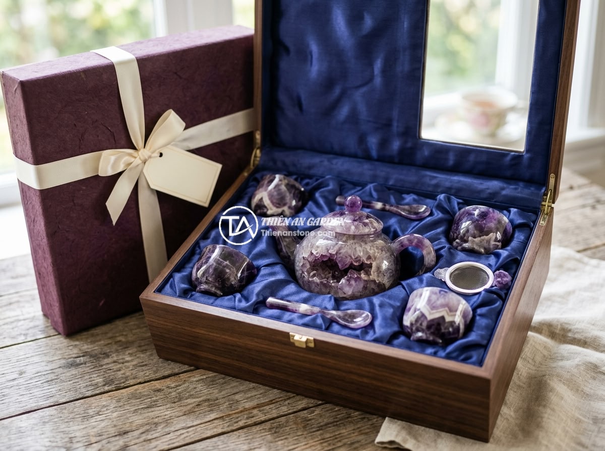 Nên chọn ấm chén đá hay ấm chén sứ cho gia đình? Phân tích ưu nhược điểm - Hình 12 Nên chọn ấm chén đá hay ấm chén sứ cho gia đình? Phân tích ưu nhược điểm - A beautifully gift-wrapped natural stone tea set in a luxurious presentation box