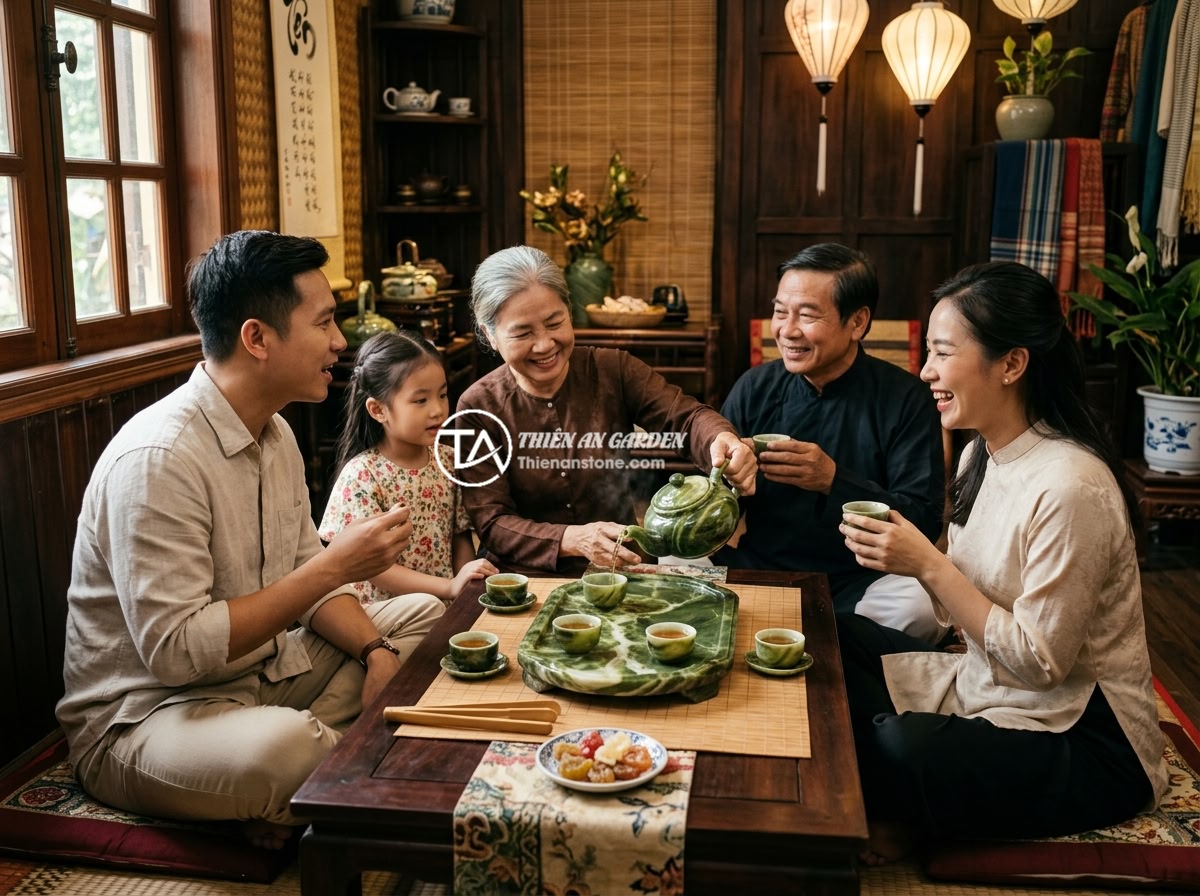 Nên chọn ấm chén đá hay ấm chén sứ cho gia đình? Phân tích ưu nhược điểm - Hình 13 Nên chọn ấm chén đá hay ấm chén sứ cho gia đình? Phân tích ưu nhược điểm - A warm and inviting Vietnamese tea room scene with a family gathered around a be