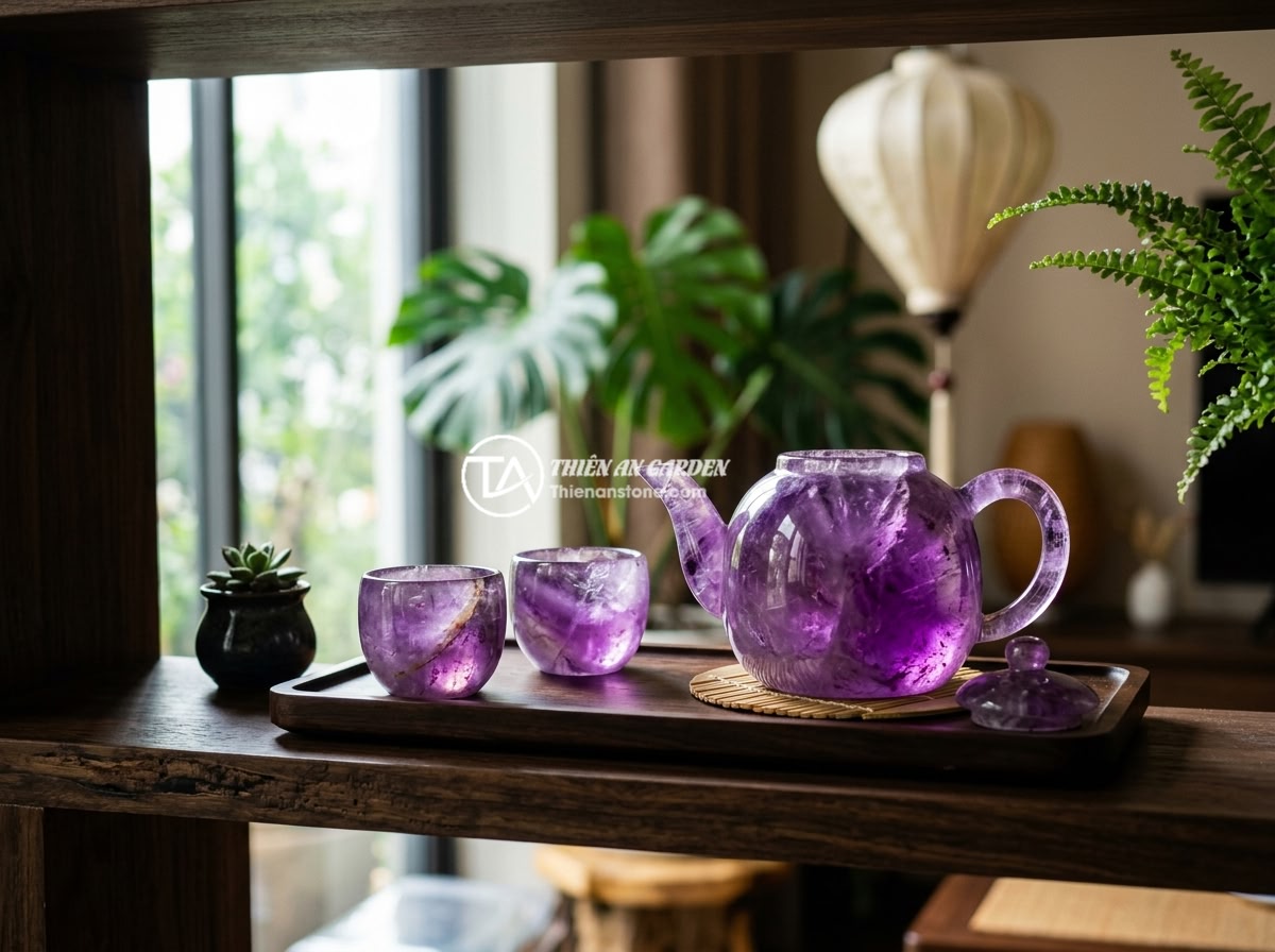 Nên chọn ấm chén đá hay ấm chén sứ cho gia đình? Phân tích ưu nhược điểm - Hình 3 Nên chọn ấm chén đá hay ấm chén sứ cho gia đình? Phân tích ưu nhược điểm - A luxury natural stone tea set made from purple amethyst quartz crystal, display