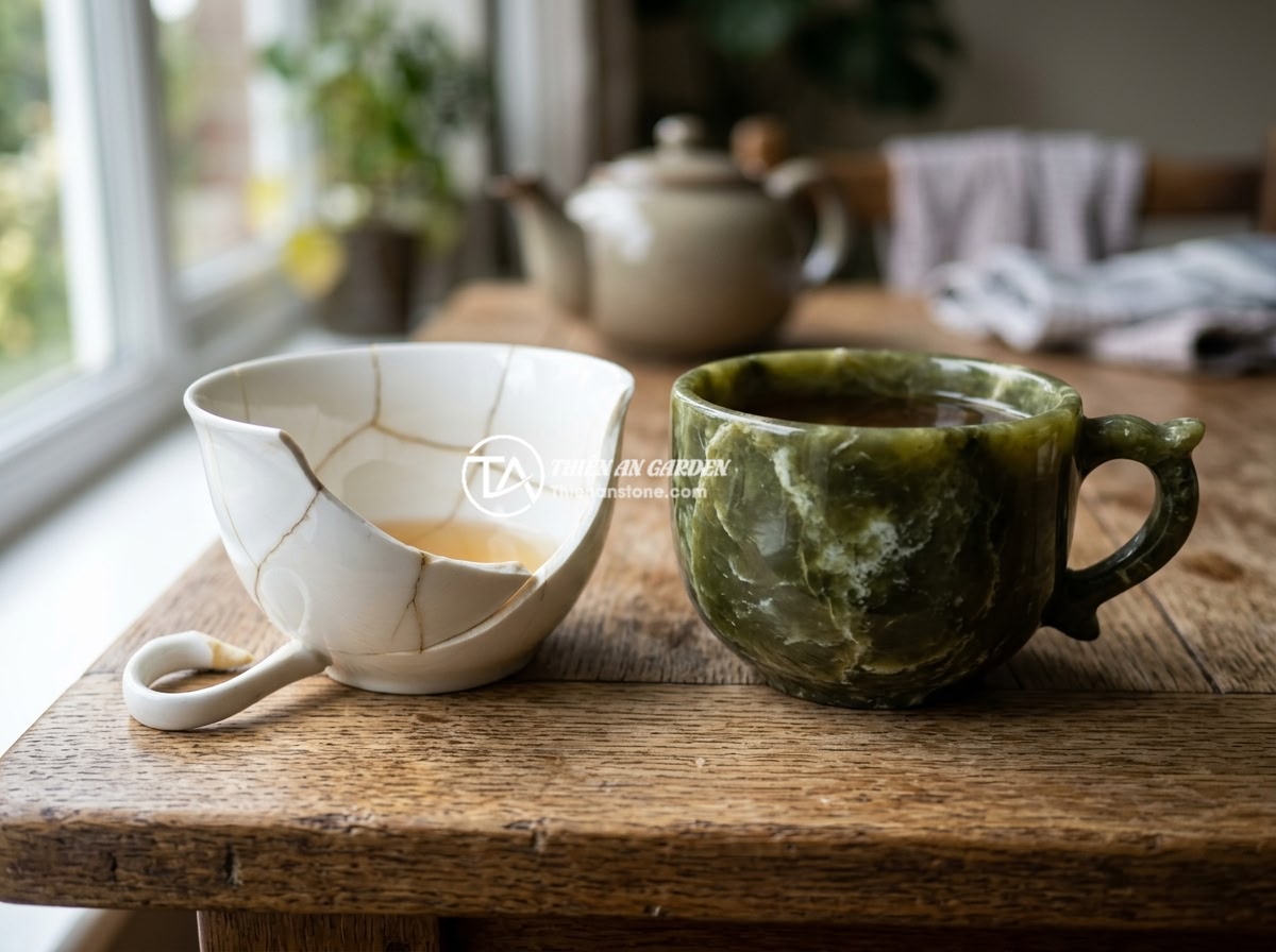 Nên chọn ấm chén đá hay ấm chén sứ cho gia đình? Phân tích ưu nhược điểm - Hình 5 Nên chọn ấm chén đá hay ấm chén sứ cho gia đình? Phân tích ưu nhược điểm - A broken porcelain teacup with visible crack lines next to an intact natural sto