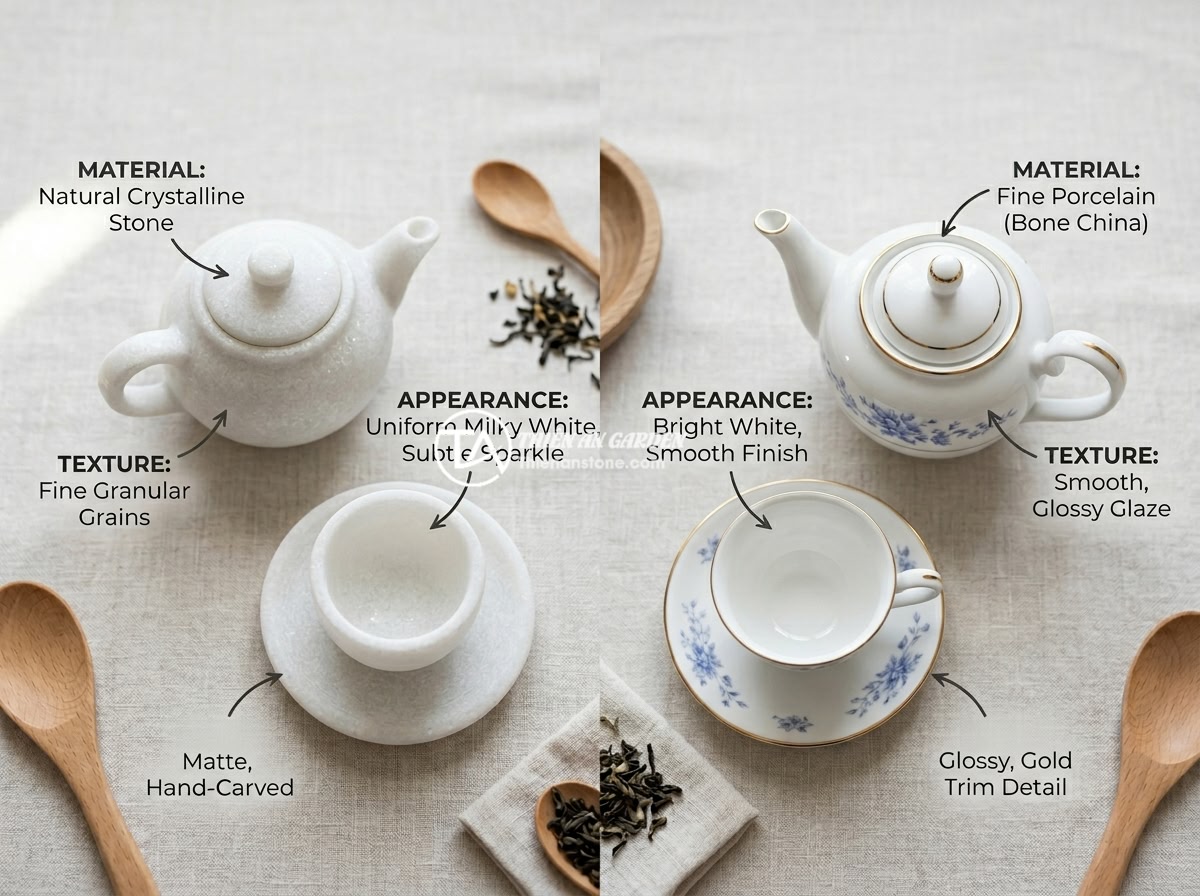 Nên chọn ấm chén đá hay ấm chén sứ cho gia đình? Phân tích ưu nhược điểm - Hình 6 Nên chọn ấm chén đá hay ấm chén sứ cho gia đình? Phân tích ưu nhược điểm - An infographic-style flat lay photograph comparing a natural stone tea set and a